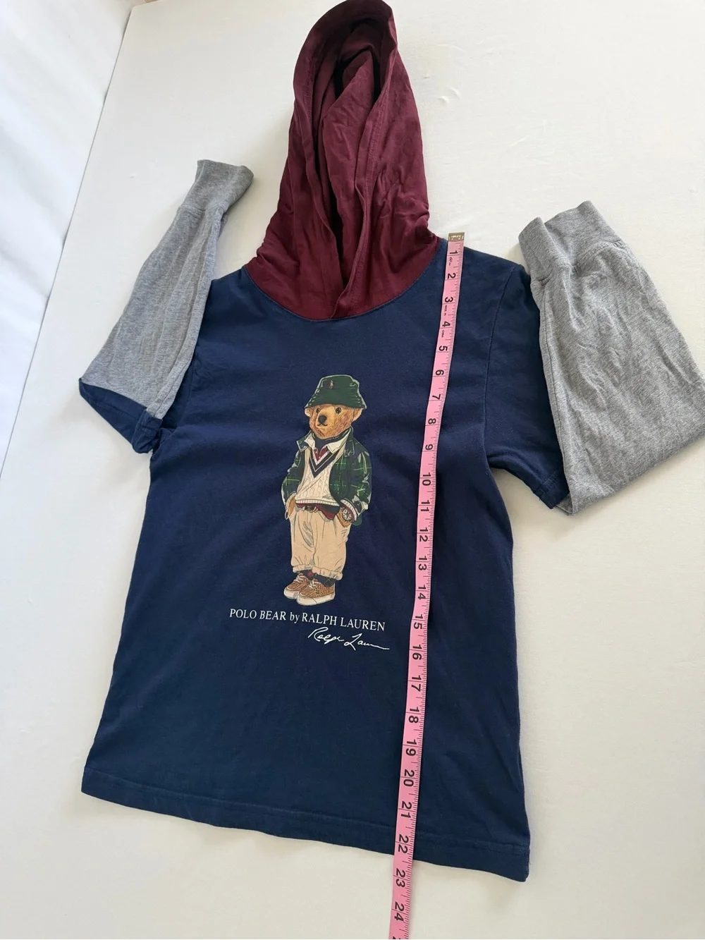 Polo Ralph Lauren Bear Graphic Hooded T-shirt Boys Medium 10-12 Blue Long Sleeve